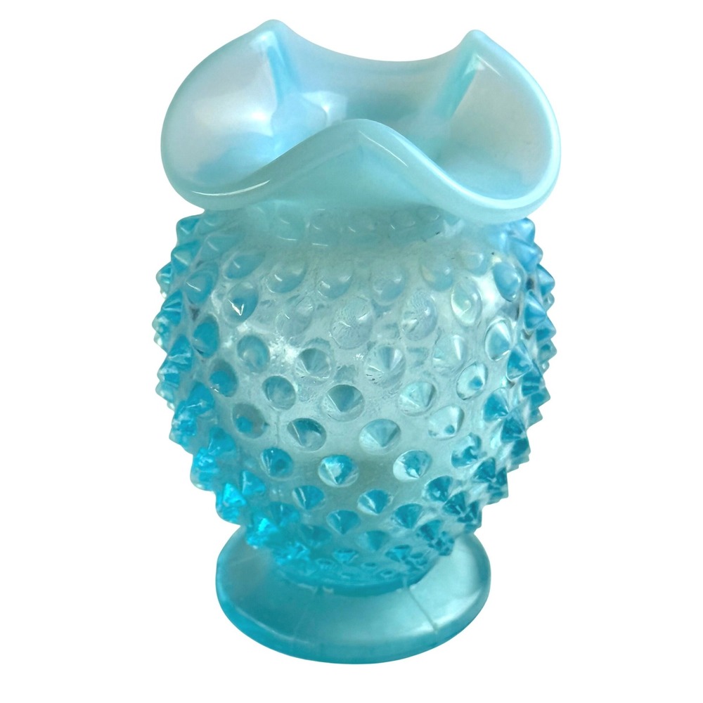 Vintage Fenton Aqua Blue Opalescent Hobnail Ruffled Rim Vase 3.5 Inch G84